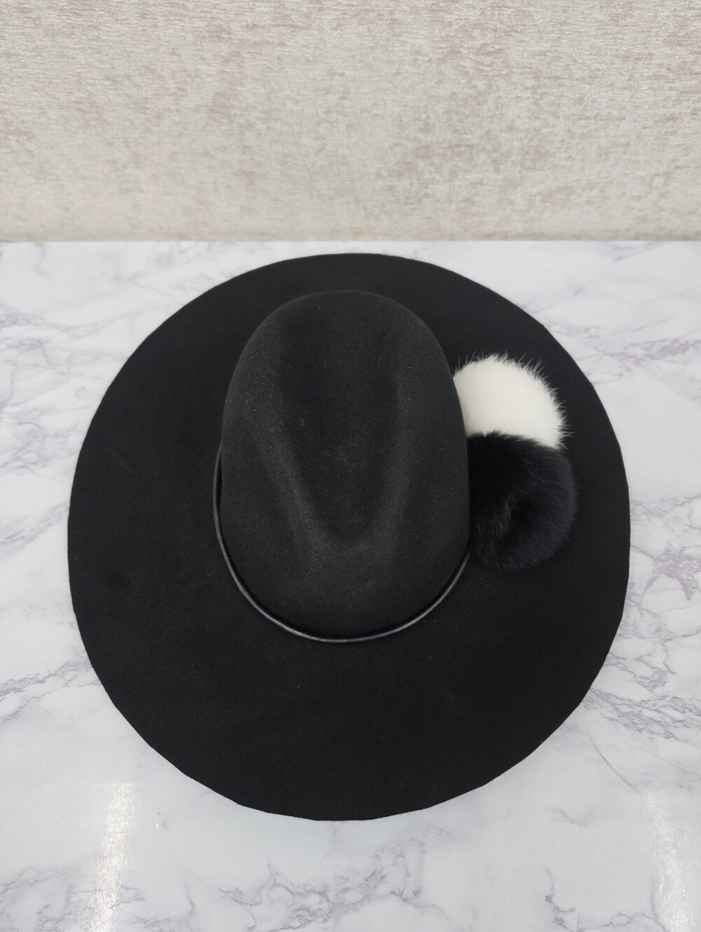 Echo Wool Cloche Floppy Brim Hat Leather Band with Rabbit Fur Pom Poms Black